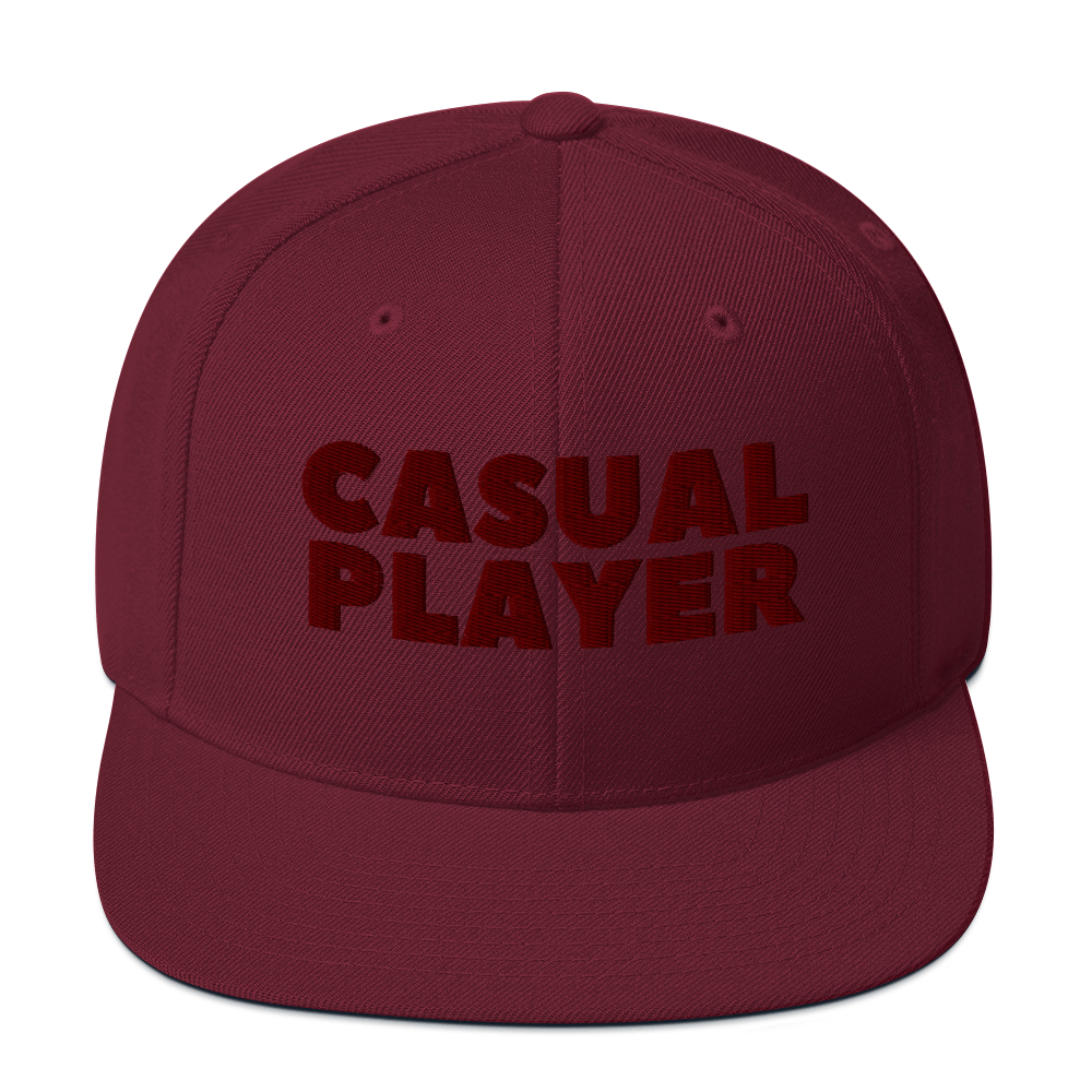 'CASUAL PLAYER' Backgammon Snapback Hat (maroon embroidery)