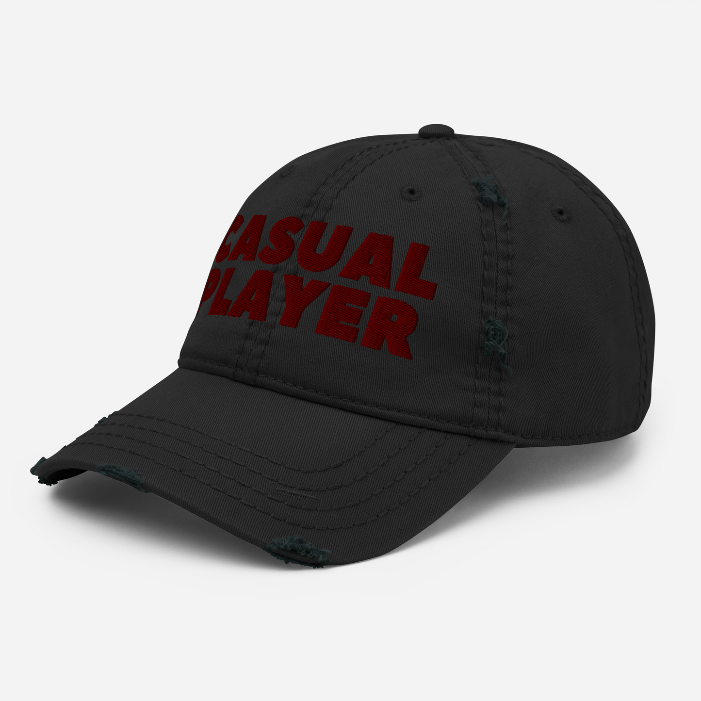 'CASUAL PLAYER' Distressed Dad Hat (maroon embroidery)