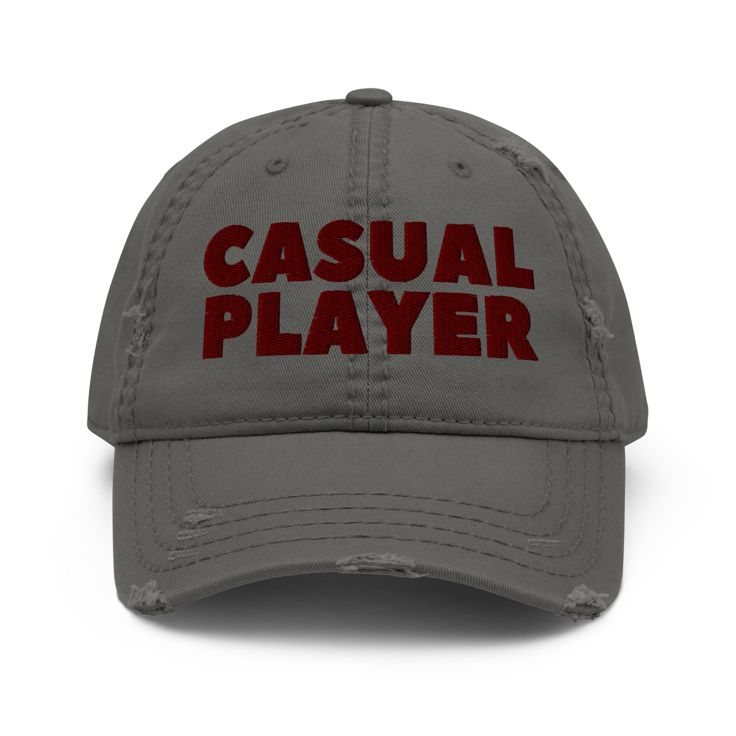 'CASUAL PLAYER' Distressed Dad Hat (maroon embroidery)