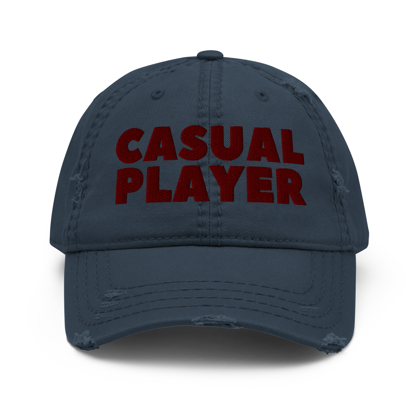 'CASUAL PLAYER' Distressed Dad Hat (maroon embroidery)