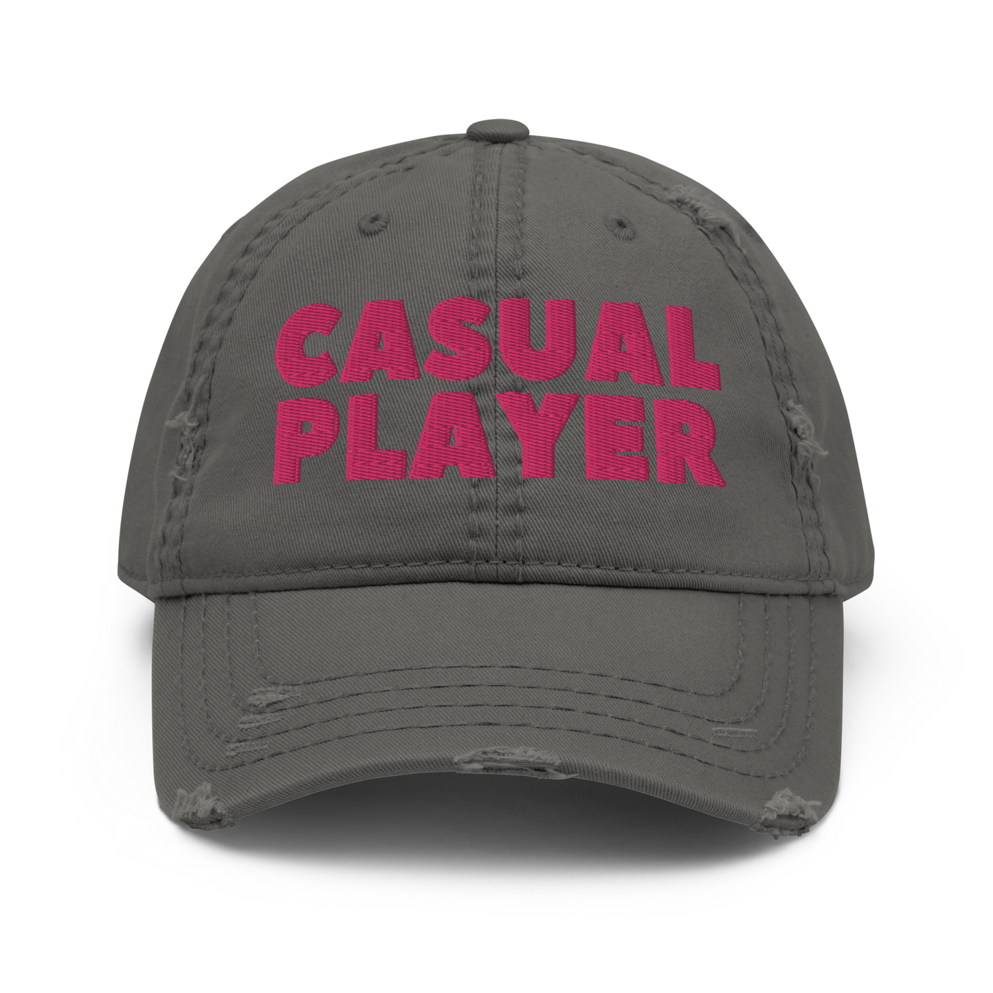 'CASUAL PLAYER' Distressed Dad Hat (pink embroidery)