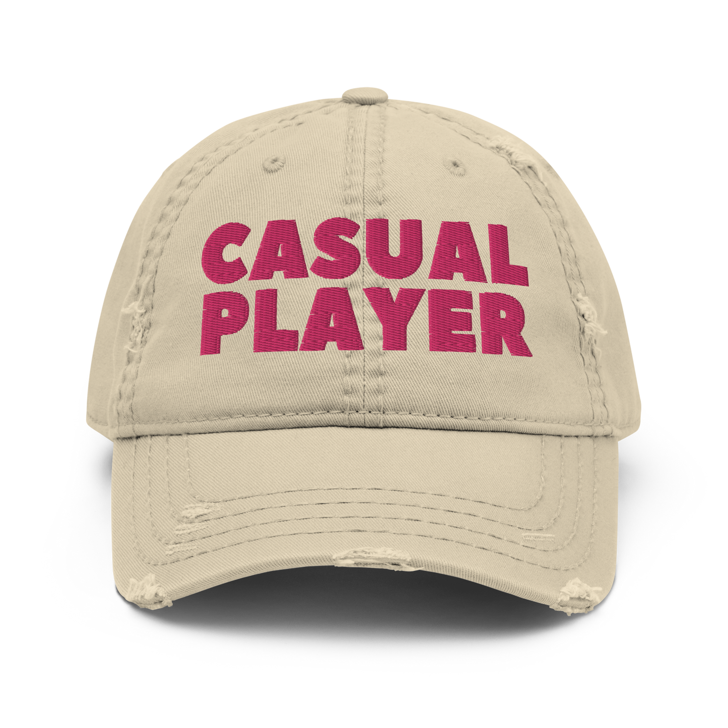 'CASUAL PLAYER' Distressed Dad Hat (pink embroidery)