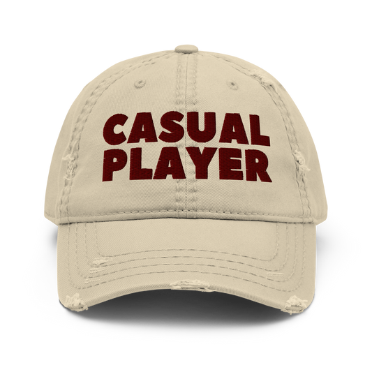 'CASUAL PLAYER' Distressed Dad Hat (maroon embroidery)