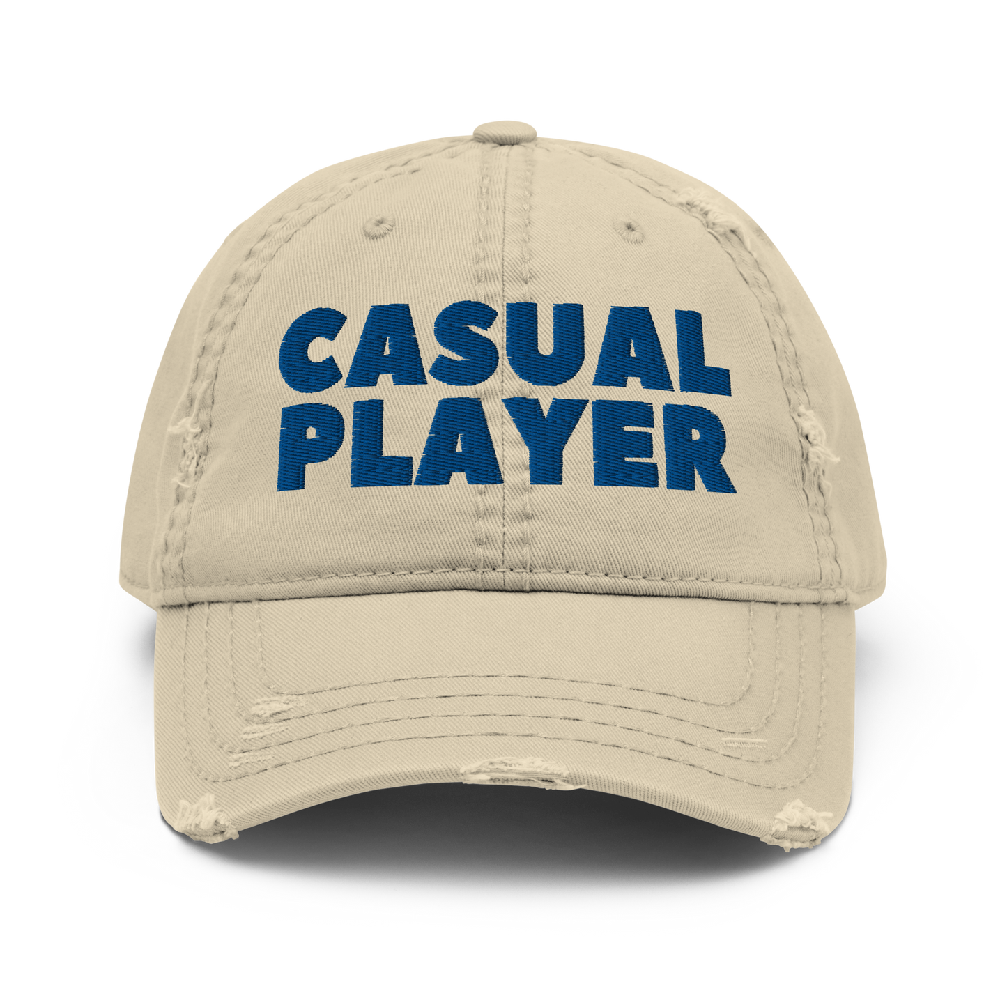 'CASUAL PLAYER' Distressed Dad Hat (blue embroidery)