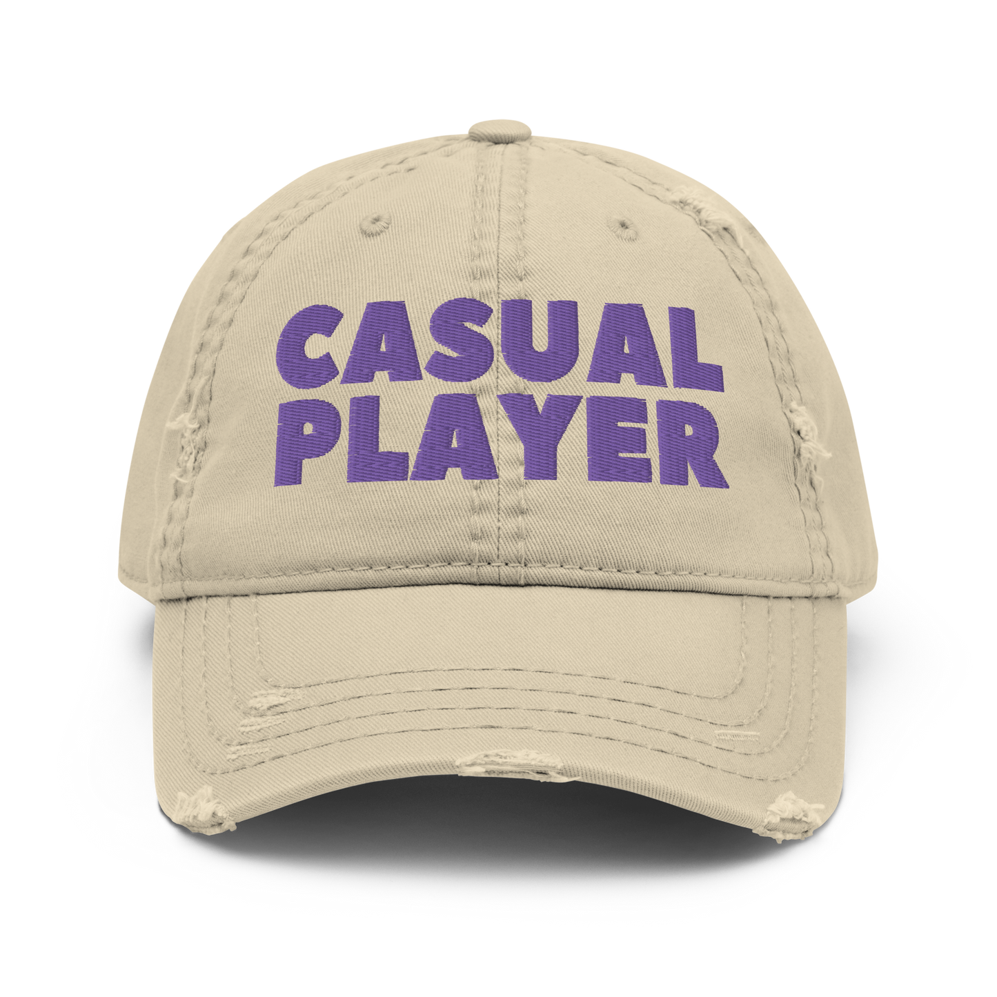 'CASUAL PLAYER' Distressed Dad Hat (purple embroidery)